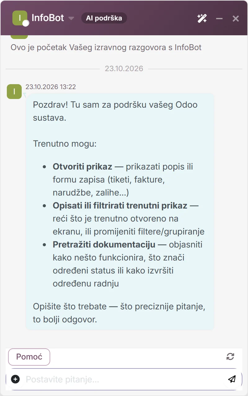 InfoBot u sučelju NextStep Navigator: pozdrav i popis onoga što može — otvoriti prikaz, opisati ili filtrirati trenutni prikaz, pretražiti dokumentaciju.